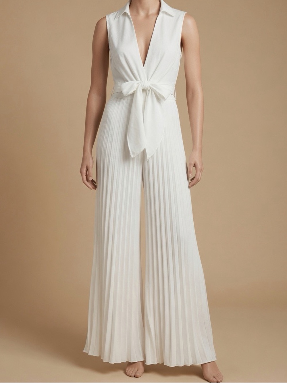 White Sleeveless Tie-Front Pleated Jumpsuit